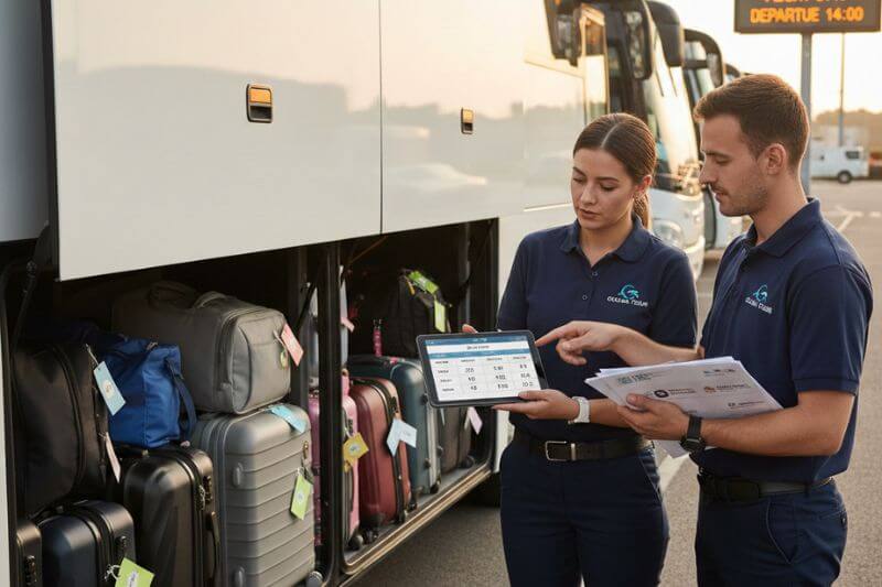 Operations supervisor checking luggage count and bay loading plan for a 45-seater coach before departure, with tagged bags and partner-coded manifests